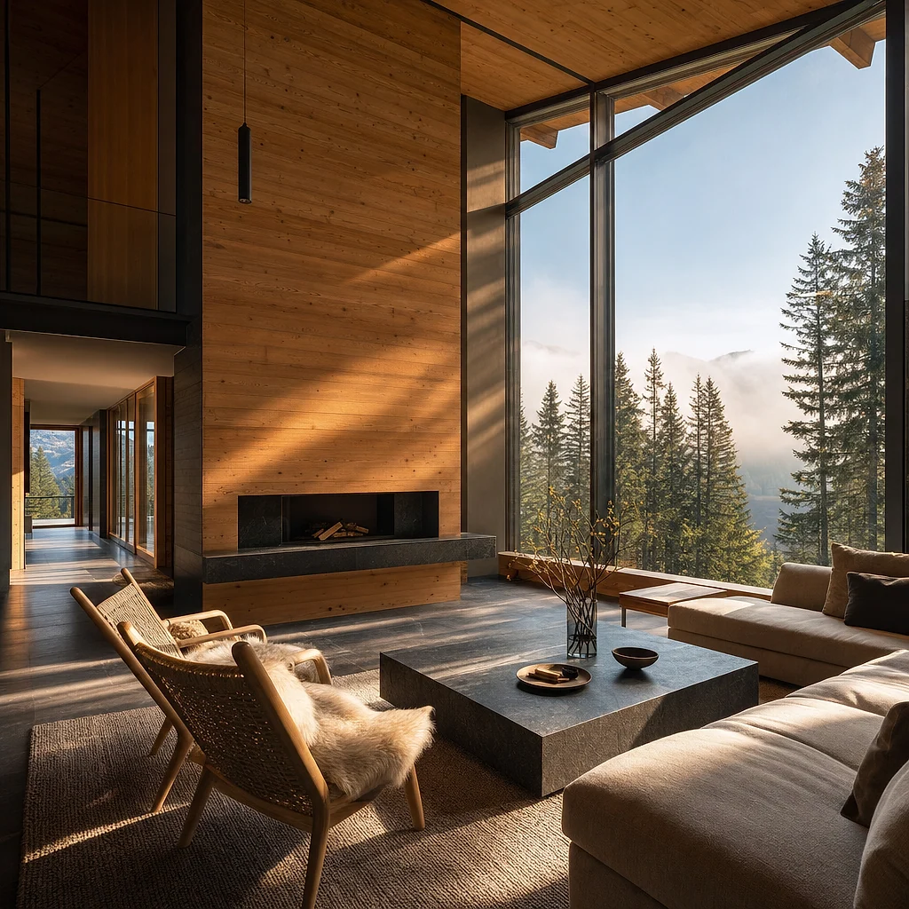 Premium Schweizer alpine Haus-Innenraum mit Lärchenholzwand