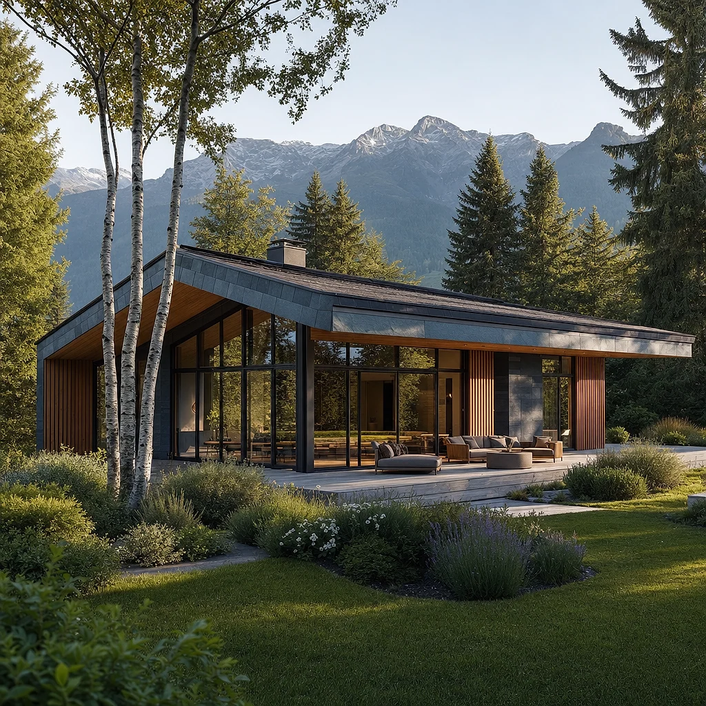 Bungalow mit Holzakzenten — Alles auf einer Ebene — barrierefrei, weit, einladend.