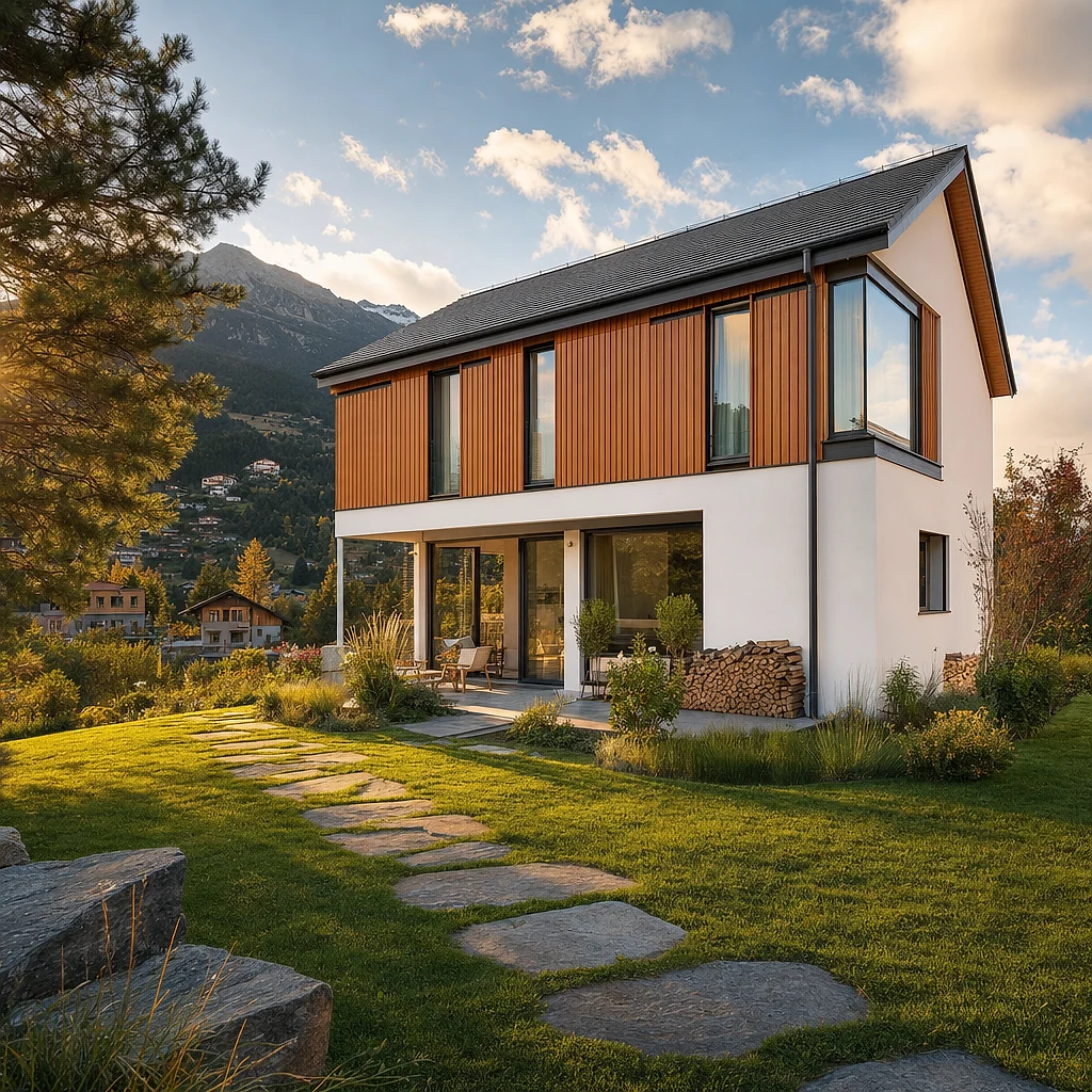 Modernes Haus mit Holzakzenten — Weiss, Holz, Klarheit — der ISOWOODHAUS-Allrounder.